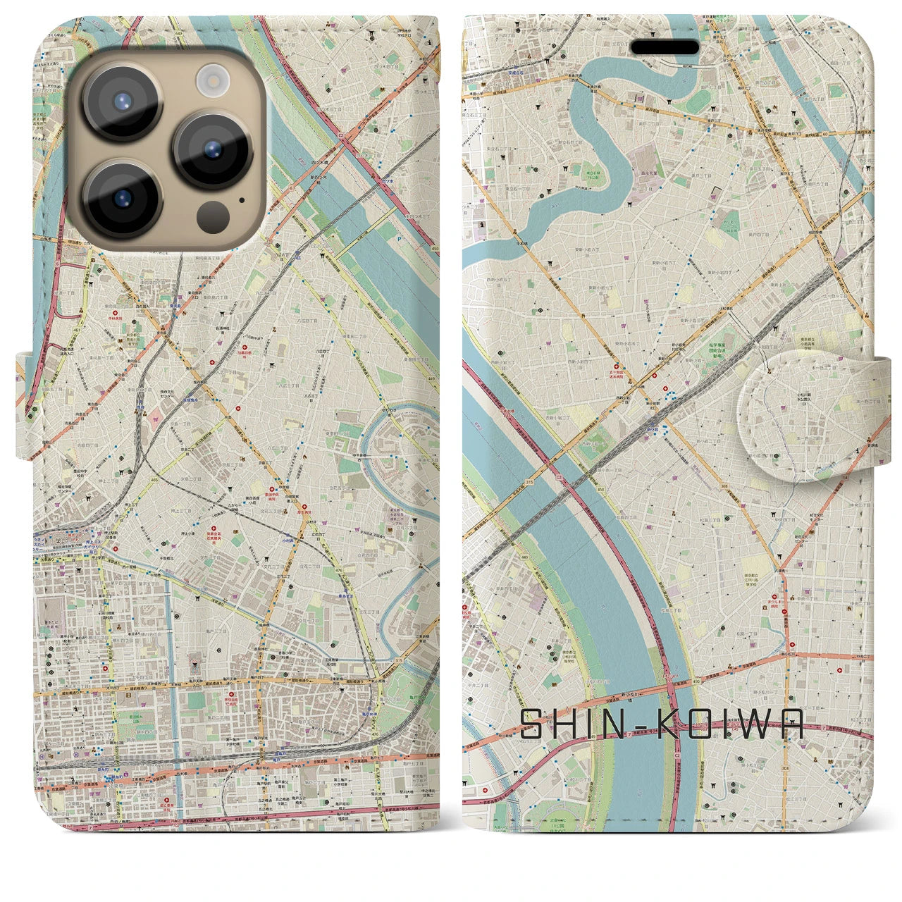 【新小岩】地図柄iPhoneケース（手帳両面タイプ・ナチュラル）iPhone 14 Pro Max 用