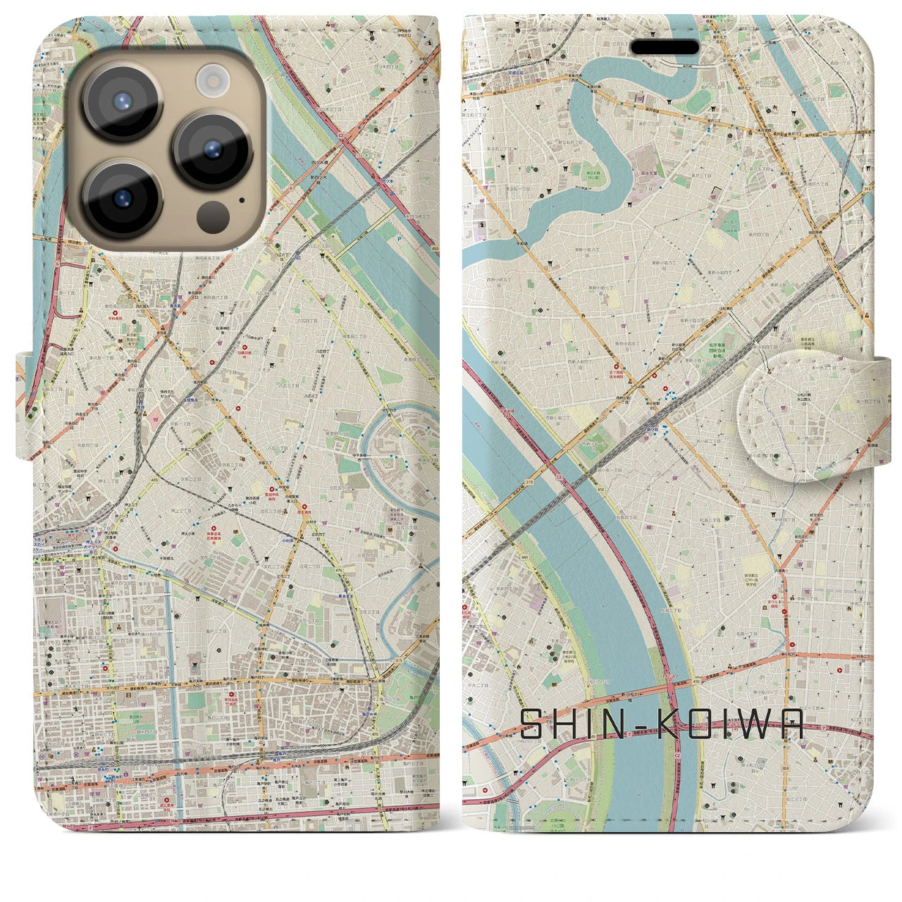 【新小岩（東京都）】地図柄iPhoneケース（手帳タイプ）ナチュラル・iPhone 14 Pro Max 用