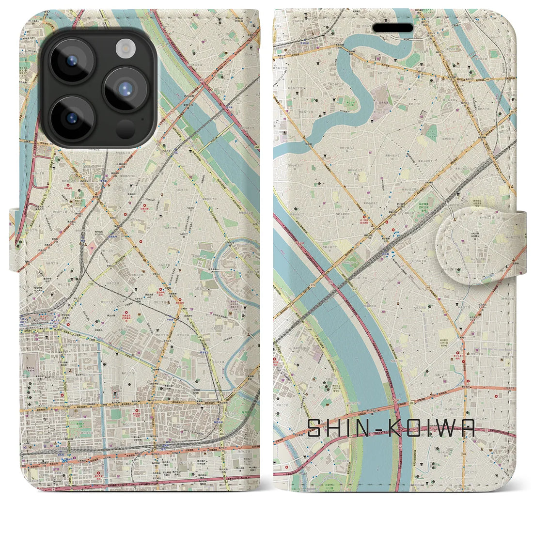 【新小岩】地図柄iPhoneケース（手帳両面タイプ・ナチュラル）iPhone 15 Pro Max 用