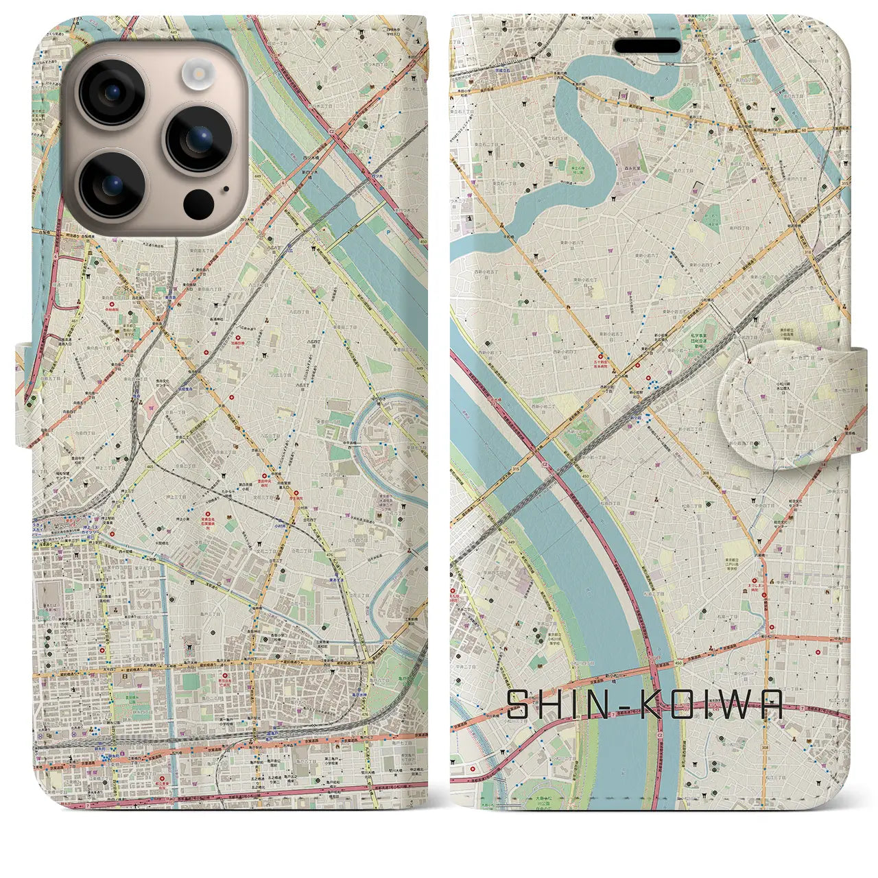 【新小岩（東京都）】地図柄iPhoneケース（手帳タイプ）ナチュラル・iPhone 16 Plus 用