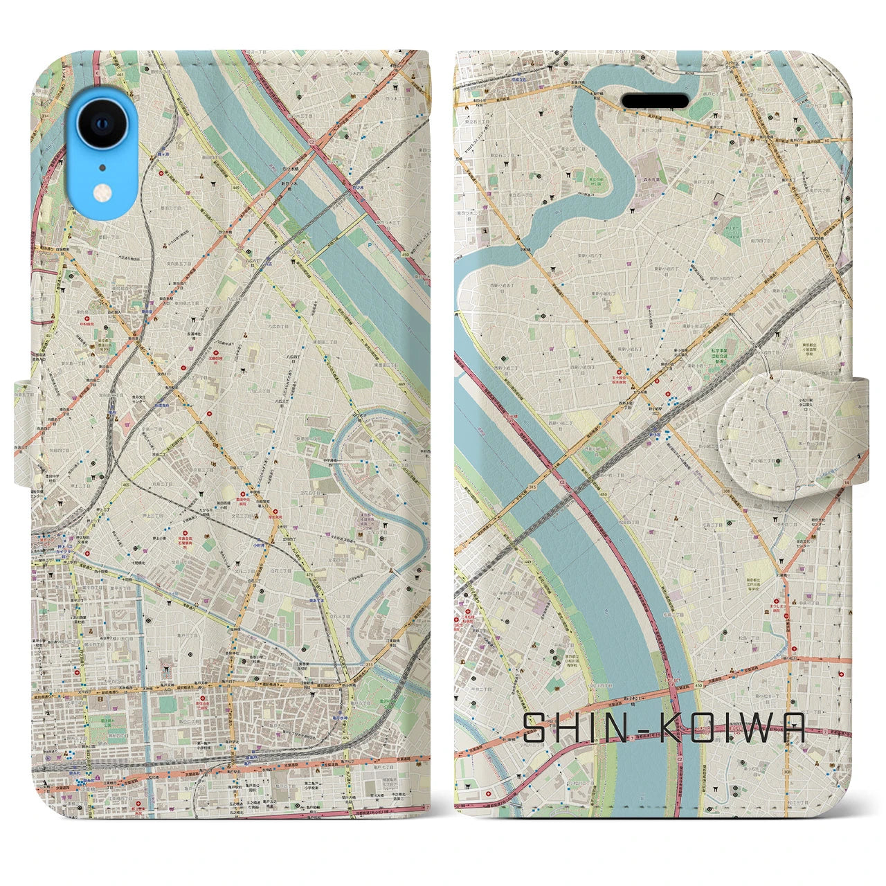 【新小岩（東京都）】地図柄iPhoneケース（手帳タイプ）ナチュラル・iPhone XR 用