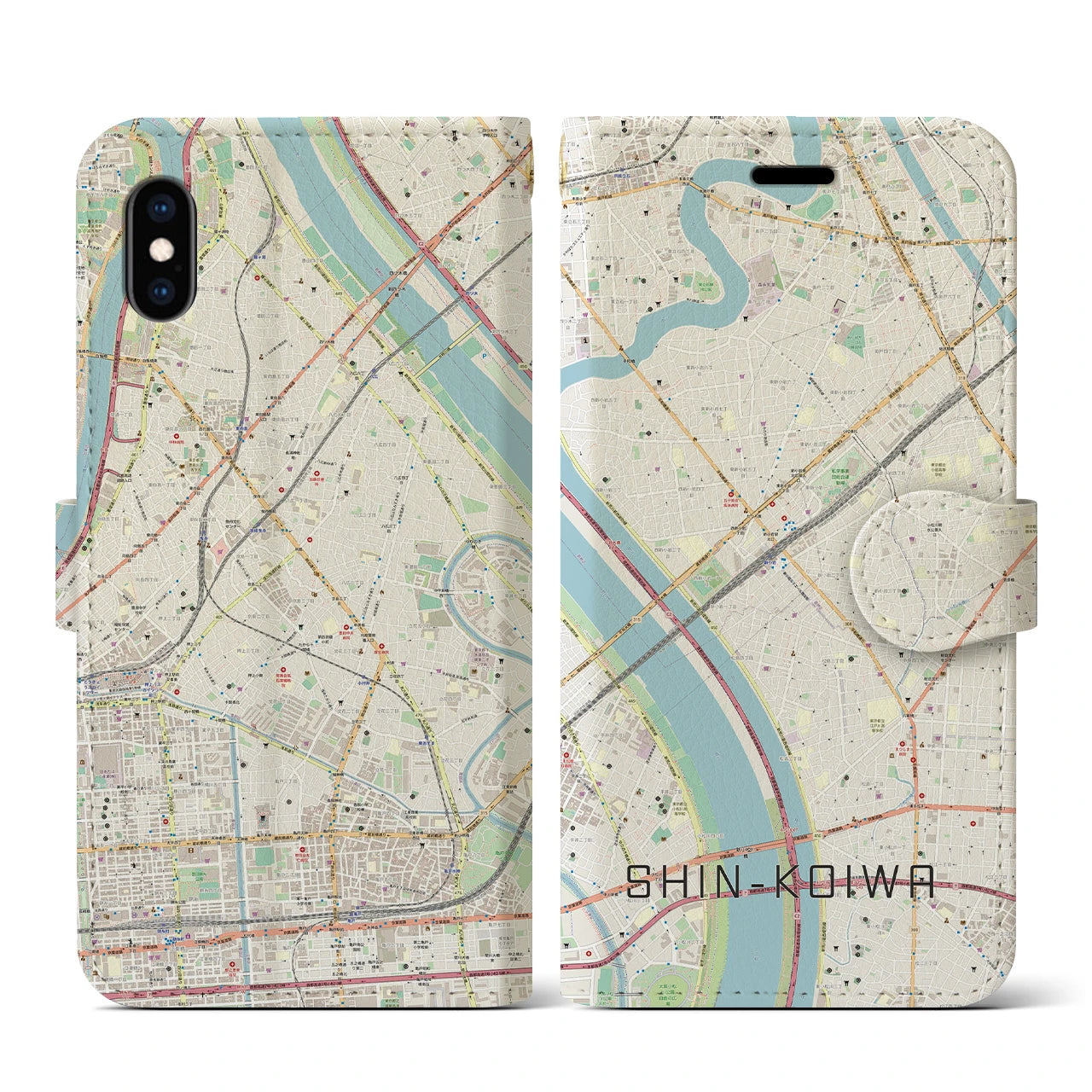 【新小岩（東京都）】地図柄iPhoneケース（手帳タイプ）ナチュラル・iPhone XS / X 用