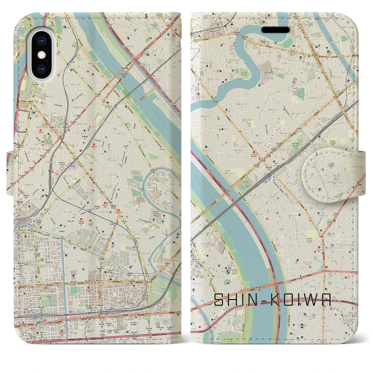 【新小岩（東京都）】地図柄iPhoneケース（手帳タイプ）ナチュラル・iPhone XS Max 用