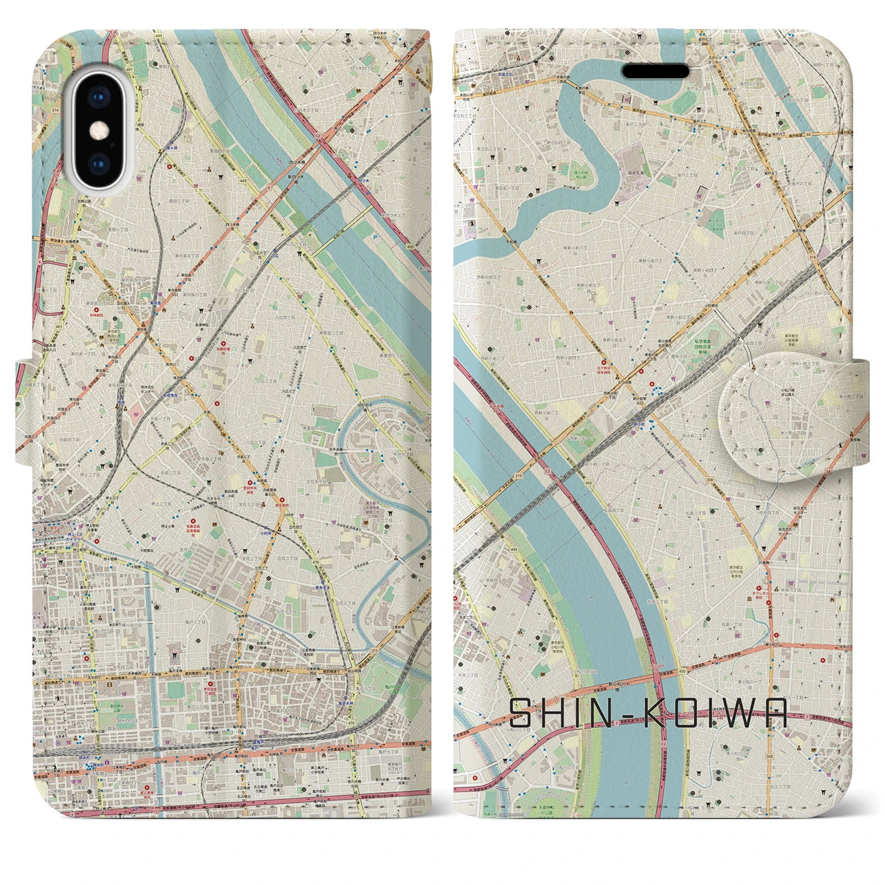 【新小岩】地図柄iPhoneケース（手帳両面タイプ・ナチュラル）iPhone XS Max 用