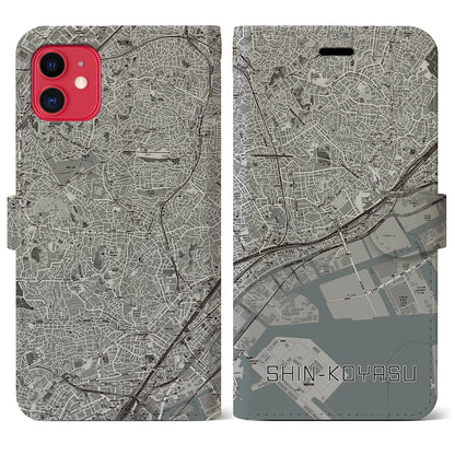 【新子安（神奈川県）】地図柄iPhoneケース（手帳タイプ）モノトーン・iPhone 11 用