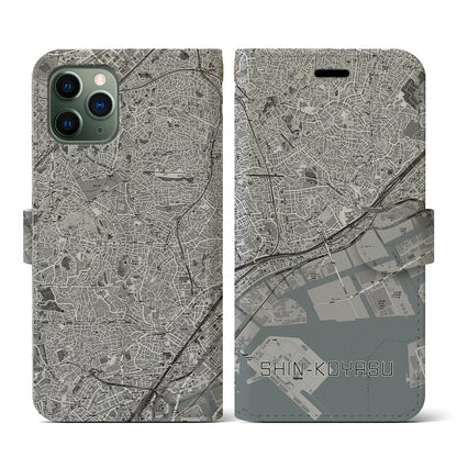 【新子安（神奈川県）】地図柄iPhoneケース（手帳タイプ）モノトーン・iPhone 11 Pro 用