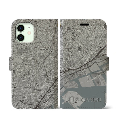 【新子安（神奈川県）】地図柄iPhoneケース（手帳タイプ）モノトーン・iPhone 12 mini 用