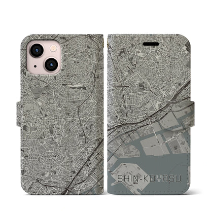 【新子安（神奈川県）】地図柄iPhoneケース（手帳タイプ）モノトーン・iPhone 13 mini 用