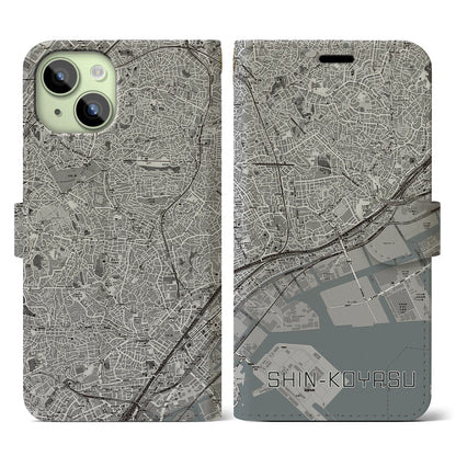 【新子安（神奈川県）】地図柄iPhoneケース（手帳タイプ）モノトーン・iPhone 15 用