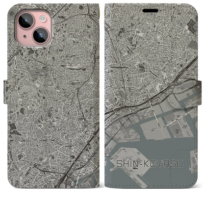 【新子安（神奈川県）】地図柄iPhoneケース（手帳タイプ）モノトーン・iPhone 15 Plus 用