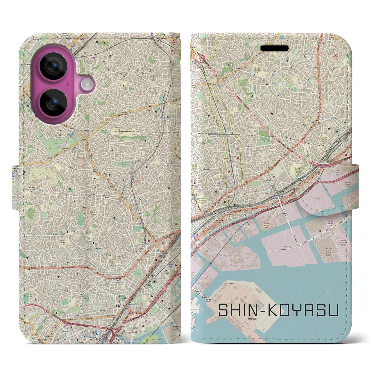 【新子安（神奈川県）】地図柄iPhoneケース（手帳タイプ）ナチュラル・iPhone 16 Pro 用