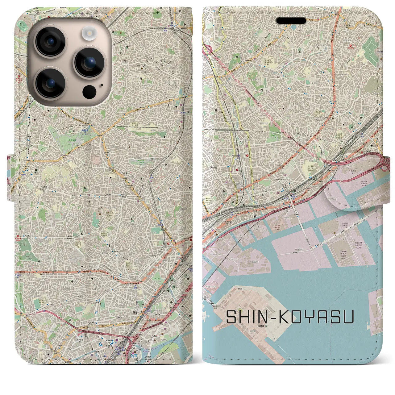 【新子安（神奈川県）】地図柄iPhoneケース（手帳タイプ）ナチュラル・iPhone 16 Plus 用