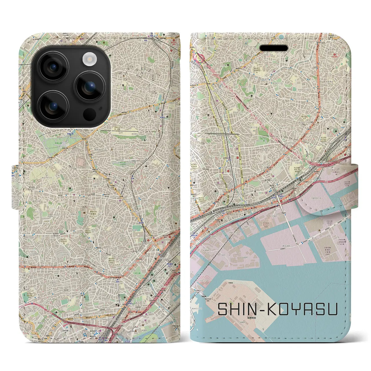 【新子安（神奈川県）】地図柄iPhoneケース（手帳タイプ）ナチュラル・iPhone 16 用