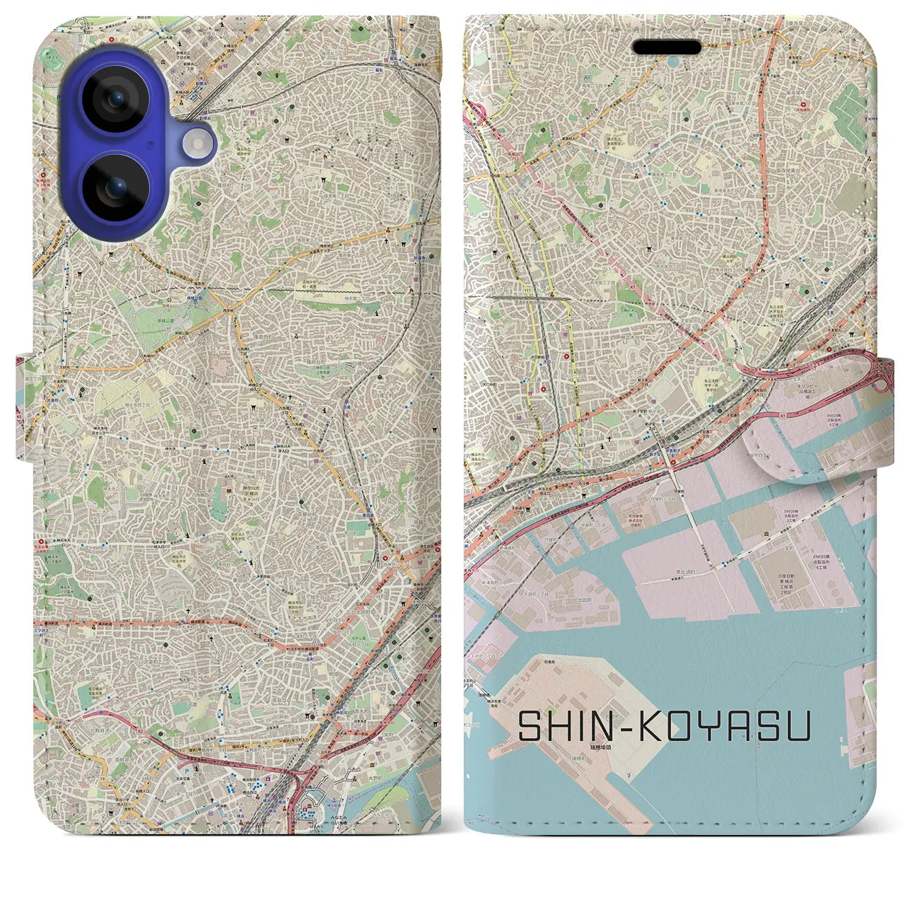 【新子安（神奈川県）】地図柄iPhoneケース（手帳タイプ）ナチュラル・iPhone 16 Pro Max 用