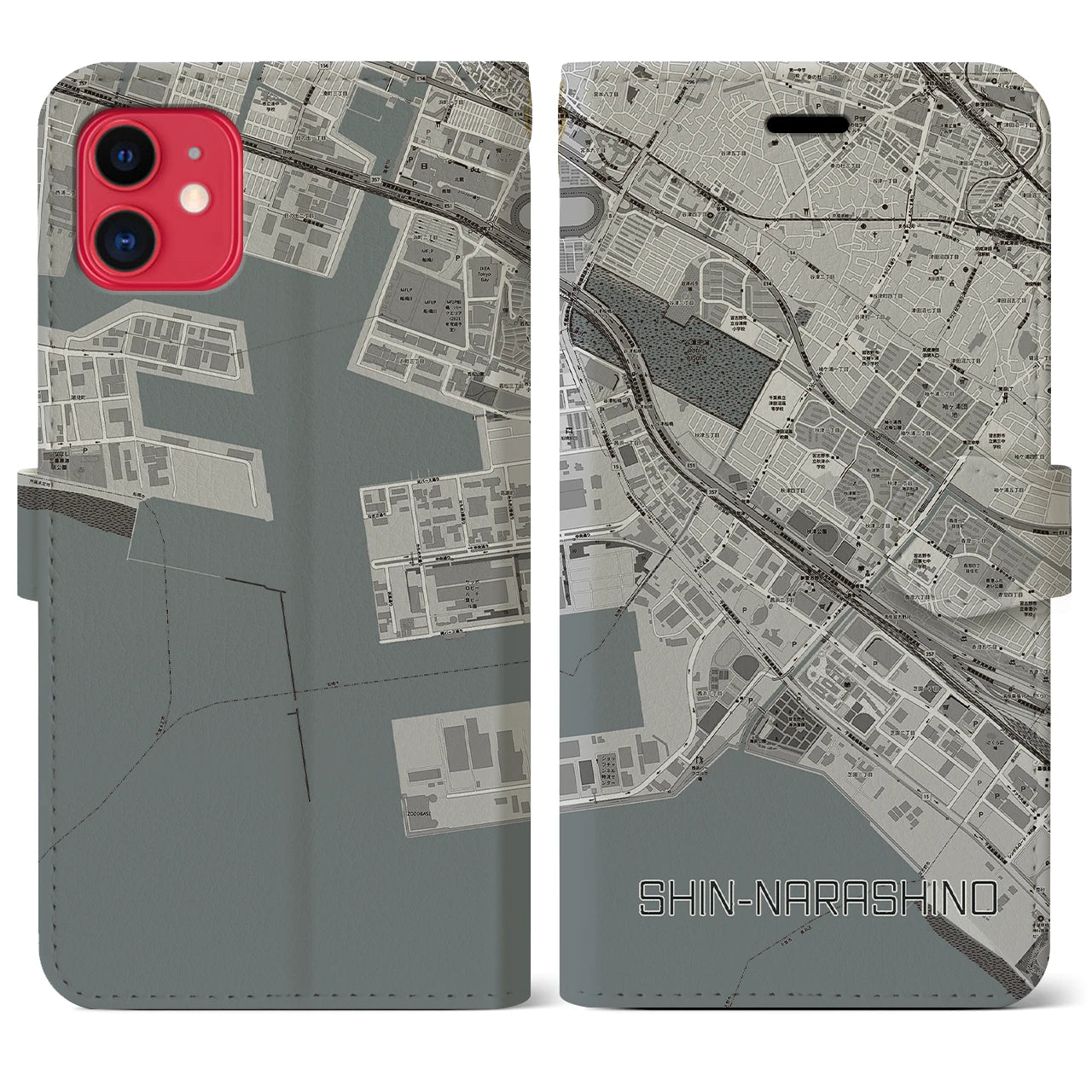 【新習志野】地図柄iPhoneケース（手帳両面タイプ・モノトーン）iPhone 11 用