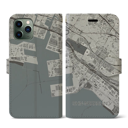 【新習志野（千葉県）】地図柄iPhoneケース（手帳タイプ）モノトーン・iPhone 11 Pro 用