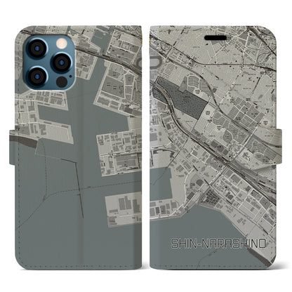 【新習志野（千葉県）】地図柄iPhoneケース（手帳タイプ）モノトーン・iPhone 12 / 12 Pro 用
