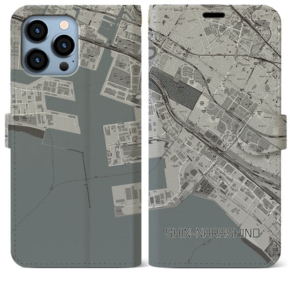 【新習志野（千葉県）】地図柄iPhoneケース（手帳タイプ）モノトーン・iPhone 13 Pro Max 用