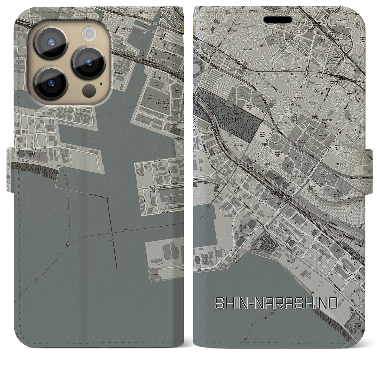 【新習志野】地図柄iPhoneケース（手帳両面タイプ・モノトーン）iPhone 14 Pro Max 用