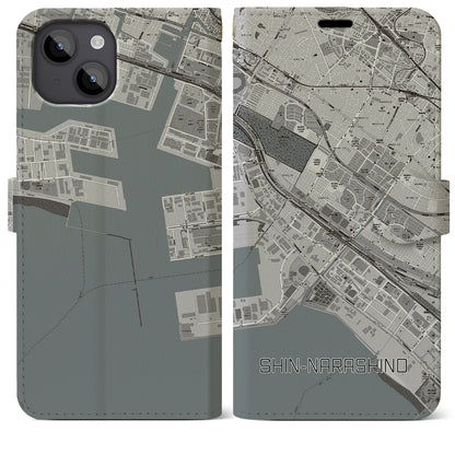 【新習志野（千葉県）】地図柄iPhoneケース（手帳タイプ）モノトーン・iPhone 14 Plus 用