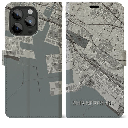 【新習志野（千葉県）】地図柄iPhoneケース（手帳タイプ）モノトーン・iPhone 15 Pro Max 用