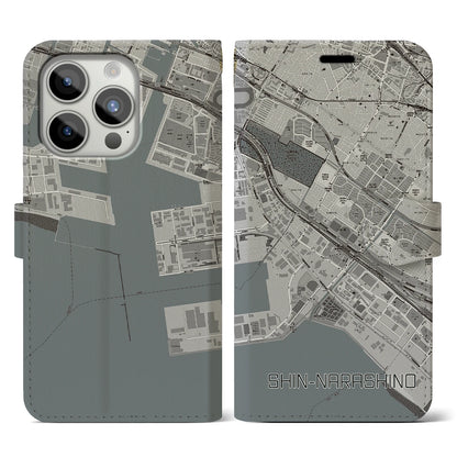 【新習志野（千葉県）】地図柄iPhoneケース（手帳タイプ）モノトーン・iPhone 15 Pro 用