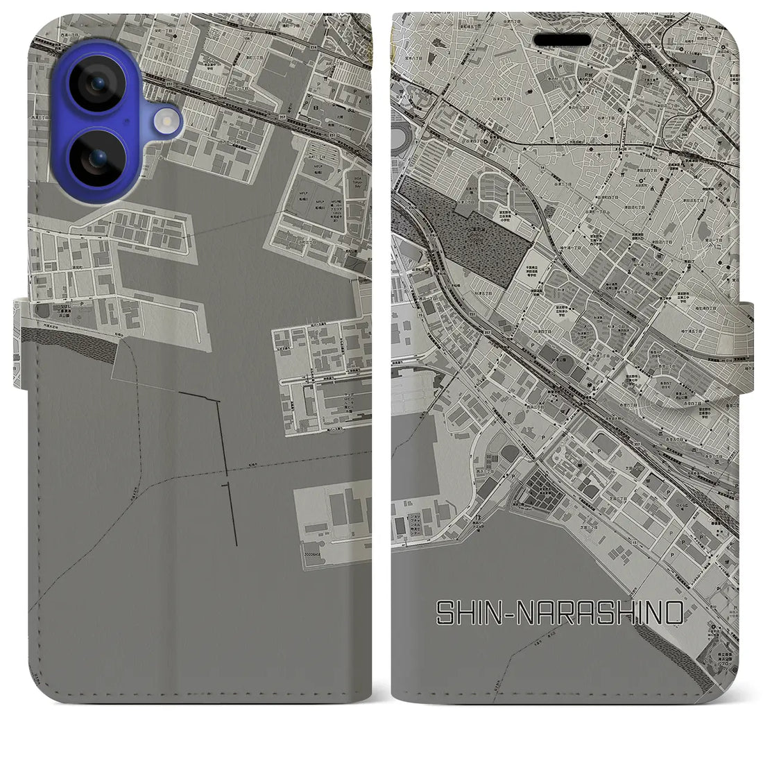 【新習志野(千葉県)】地図柄iPhoneケース(手帳タイプ)モノトーン・iPhone 16 Pro Max 用