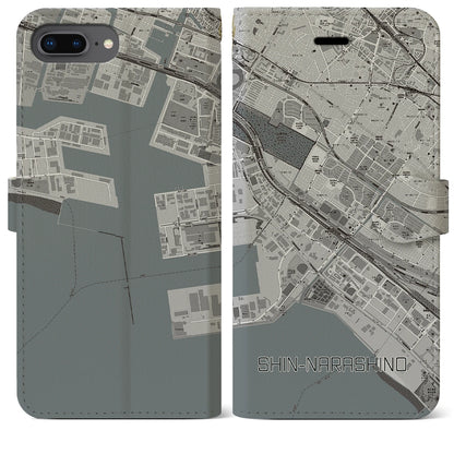 【新習志野（千葉県）】地図柄iPhoneケース（手帳タイプ）モノトーン・iPhone 8Plus /7Plus / 6sPlus / 6Plus 用