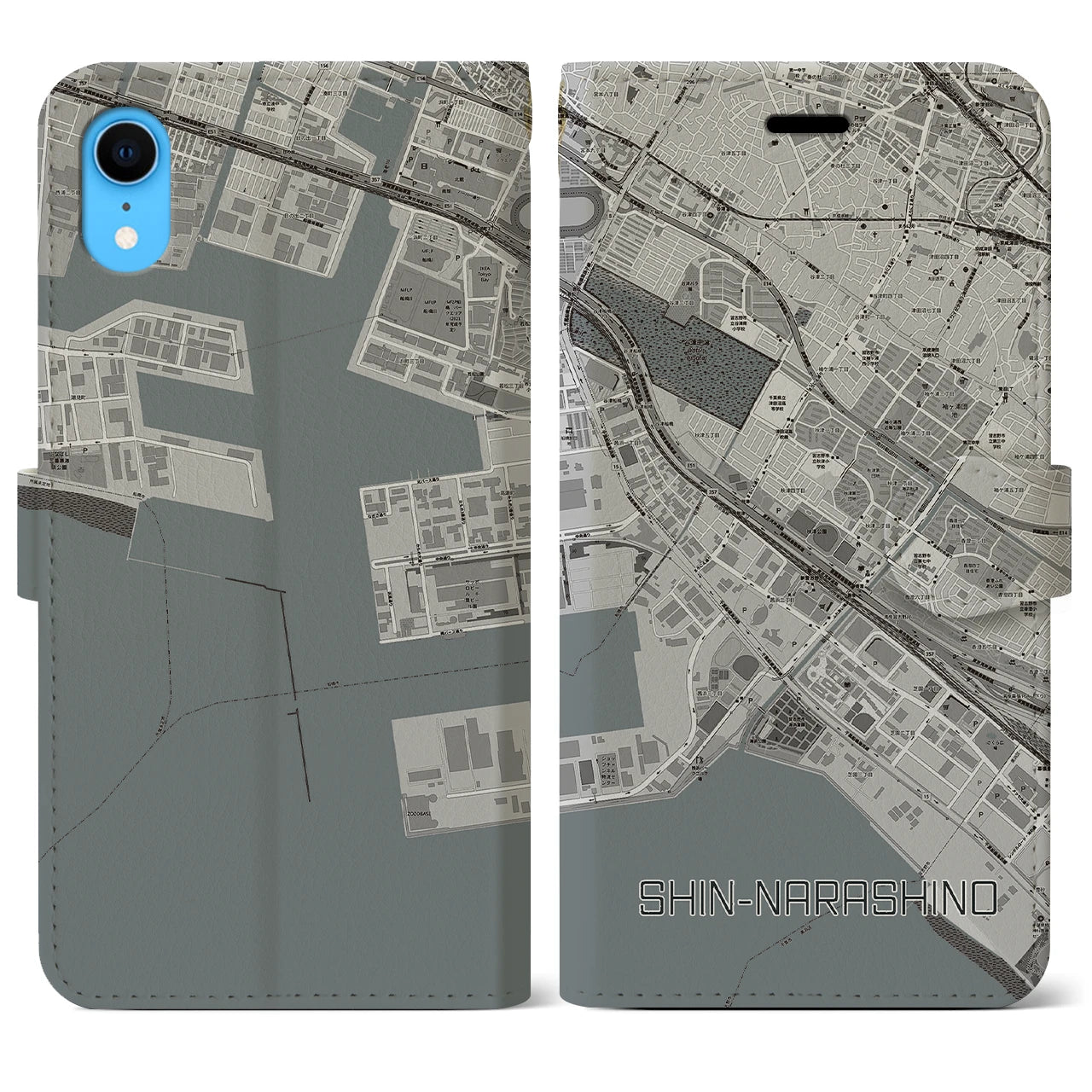 【新習志野】地図柄iPhoneケース（手帳両面タイプ・モノトーン）iPhone XR 用
