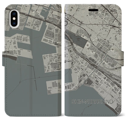 【新習志野（千葉県）】地図柄iPhoneケース（手帳タイプ）モノトーン・iPhone XS Max 用