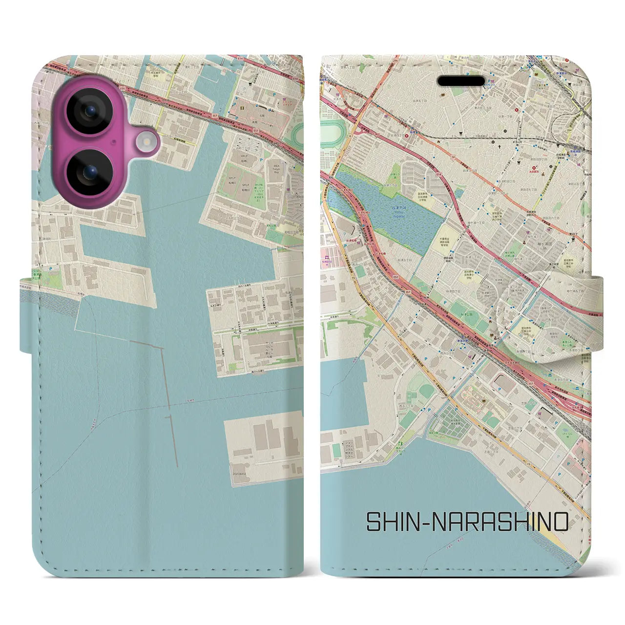 【新習志野（千葉県）】地図柄iPhoneケース（手帳タイプ）ナチュラル・iPhone 16 Pro 用