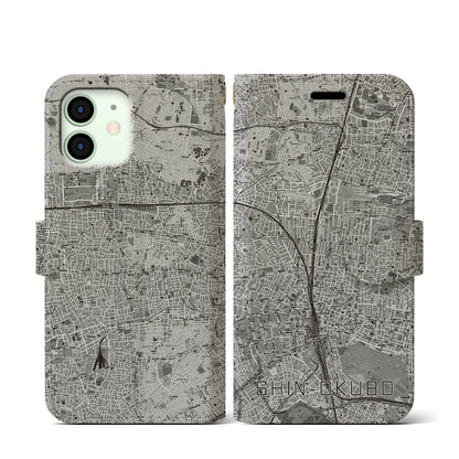 【新大久保（東京都）】地図柄iPhoneケース（手帳タイプ）モノトーン・iPhone 12 mini 用