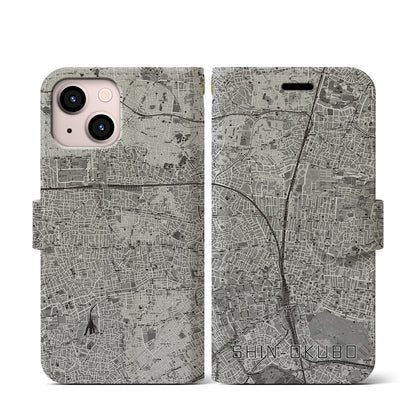 【新大久保（東京都）】地図柄iPhoneケース（手帳タイプ）モノトーン・iPhone 13 mini 用