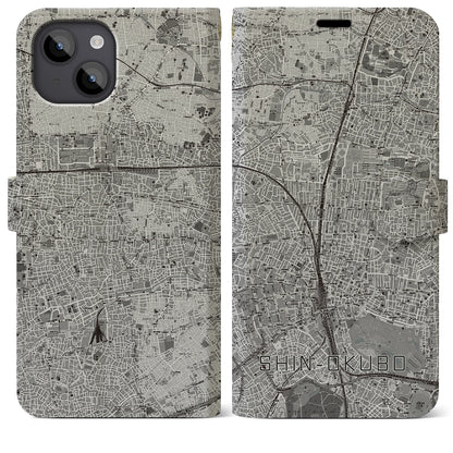 【新大久保（東京都）】地図柄iPhoneケース（手帳タイプ）モノトーン・iPhone 14 Plus 用