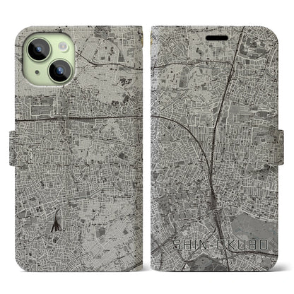 【新大久保（東京都）】地図柄iPhoneケース（手帳タイプ）モノトーン・iPhone 15 用