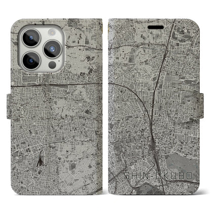【新大久保（東京都）】地図柄iPhoneケース（手帳タイプ）モノトーン・iPhone 15 Pro 用