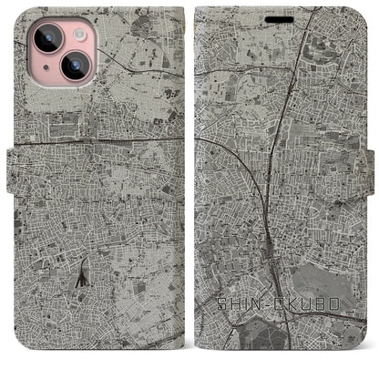 【新大久保（東京都）】地図柄iPhoneケース（手帳タイプ）モノトーン・iPhone 15 Plus 用