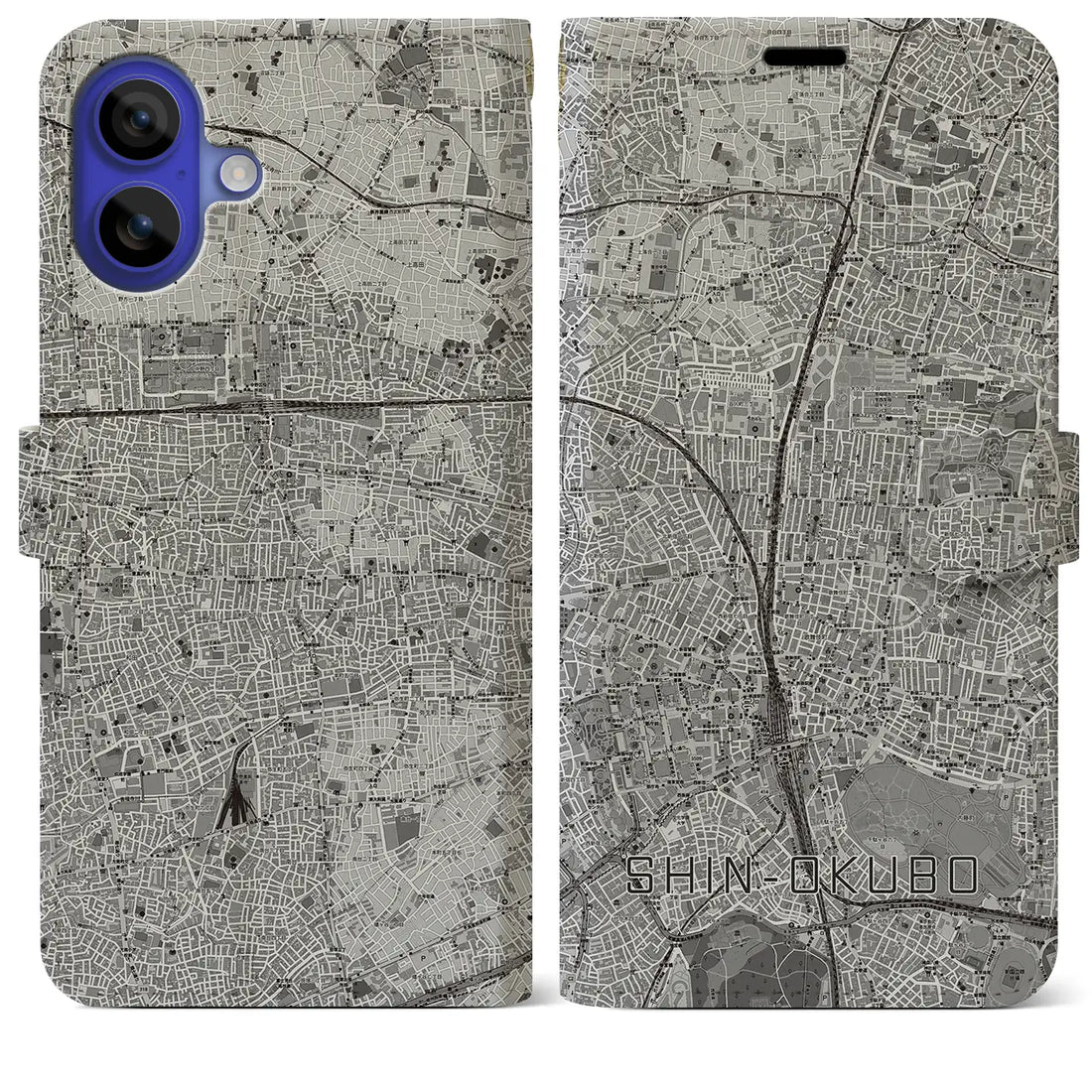 【新大久保(東京都)】地図柄iPhoneケース(手帳タイプ)モノトーン・iPhone 16 Pro Max 用