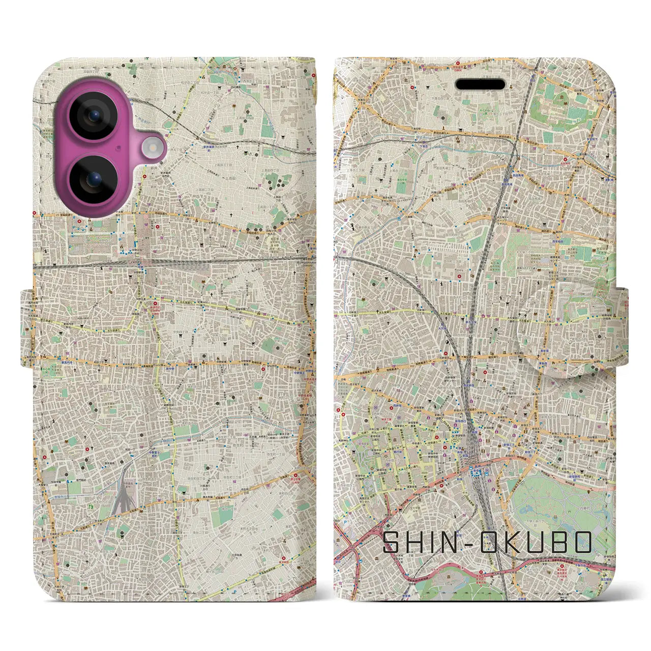 【新大久保（東京都）】地図柄iPhoneケース（手帳タイプ）ナチュラル・iPhone 16 Pro 用