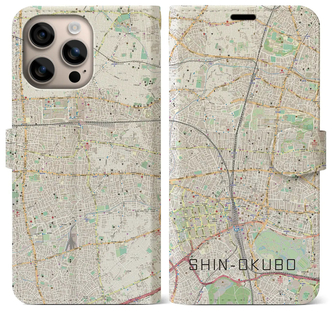 【新大久保（東京都）】地図柄iPhoneケース（手帳タイプ）ナチュラル・iPhone 16 Plus 用