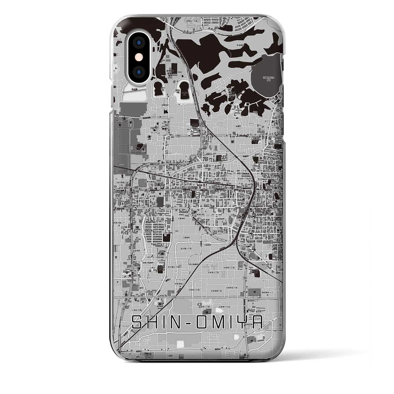 【新大宮（奈良県）】地図柄iPhoneケース（クリアタイプ）モノトーン・iPhone XS Max 用