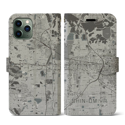 【新大宮（奈良県）】地図柄iPhoneケース（手帳タイプ）モノトーン・iPhone 11 Pro 用