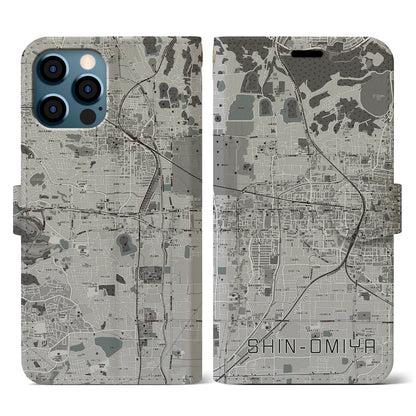 【新大宮（奈良県）】地図柄iPhoneケース（手帳タイプ）モノトーン・iPhone 12 / 12 Pro 用