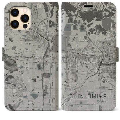 【新大宮（奈良県）】地図柄iPhoneケース（手帳タイプ）モノトーン・iPhone 12 Pro Max 用