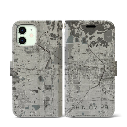 【新大宮（奈良県）】地図柄iPhoneケース（手帳タイプ）モノトーン・iPhone 12 mini 用