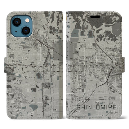 【新大宮（奈良県）】地図柄iPhoneケース（手帳タイプ）モノトーン・iPhone 13 用