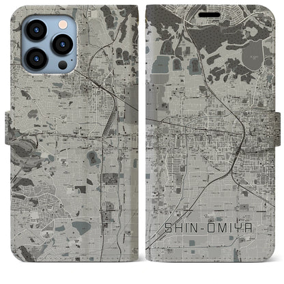 【新大宮（奈良県）】地図柄iPhoneケース（手帳タイプ）モノトーン・iPhone 13 Pro Max 用