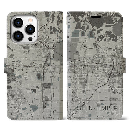 【新大宮（奈良県）】地図柄iPhoneケース（手帳タイプ）モノトーン・iPhone 13 Pro 用