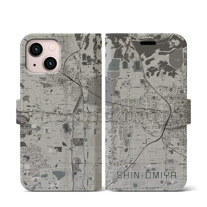 【新大宮（奈良県）】地図柄iPhoneケース（手帳タイプ）モノトーン・iPhone 13 mini 用