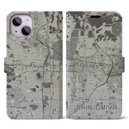 【新大宮（奈良県）】地図柄iPhoneケース（手帳タイプ）モノトーン・iPhone 14 用